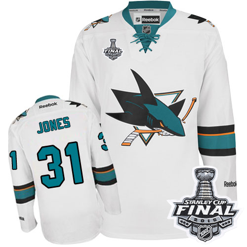 Mens Reebok San Jose Sharks 31 Martin Jones Premier White Away 2016 Stanley Cup Final Bound NHL Jersey